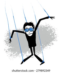 Man hanging on the ropes by his arms and legs. Puppet.
Vector Illustration.  marionette
