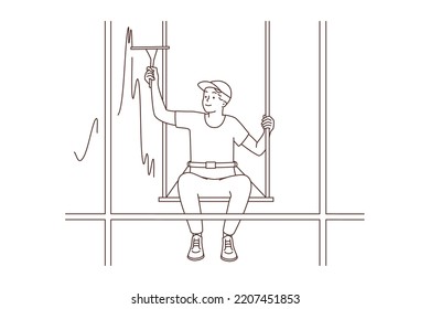 Man hanging on ropes cleaning windows of high building. Male worker wash skyscraper window. Extreme dangerous occupation. Vector illustration. 