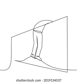 man hanging on the wall with his feet towards the viewer - one line drawing. human body hanging from the wall, concept of depression, suicidal tendencies, fatigue 