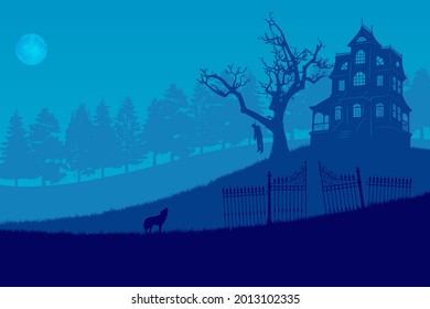 Man hanging under a tree in front of haunted hill house in full moon night, Creepy silhouette Halloween background vector.