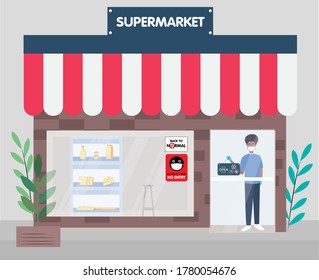 Man hanging, We're open again, sign.  Reopening of shop after quarantine concept. vector illustration design. The end of quarantine.