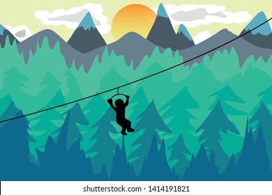 Man hanging zip line across the pine tree in the wild with mountain and sun in the background