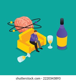 Man hangover after drinking alcohol isometric 3d vector illustration concept for banner, website, illustration, landing page, flyer, etc.