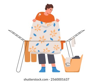 Man hangs up the laundry to dry flat vector illustration isolated on white. House chores.