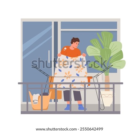 Man hangs up the laundry to dry on the balcony flat vector. House chores.