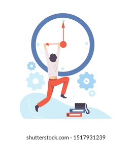 Man hangs on the arrow of a huge clock. Vector illustration.