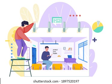Man hangs poster or calendar on background. Young man at school conducting medicine lesson. Teacher talks about taking care of health. Back to school concept. Male character teaching in class