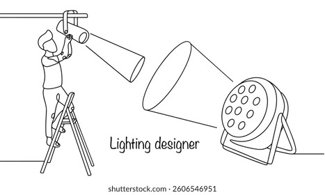 A man hangs a spotlight while standing on a ladder. He is involved in implementing lighting solutions for theater, film or television productions. Lighting designer.