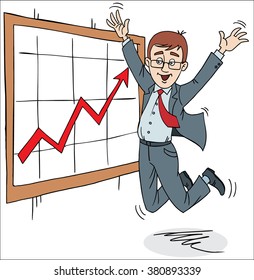 The man happily jumping in front of a graph