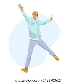 A man is happily jumping on a slope with his arms outstretched, showing an artful gesture in nature while enjoying outdoor recreation. Vector illustration