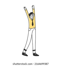 Man happily raised his hands up. Business team launching startup flat vector illustration. Employees are happy about launch of new idea for company. Start project