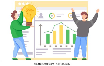 Der Mensch hebt glücklich seine Hände hoch. Junge, der eine Glühbirne hält. Männliche Charaktere kommunizieren und verbringen Zeit zusammen. Arbeiten Sie mit statistischen Indikatoren und Datenanalyse. Guy studiert das Programm und Freuden