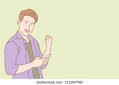 Man happily smile using smartphone trading or chatting isolated on background flat illustration vector.