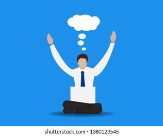 Man happily thinking and sitting on floor with laptop computer isolated on background, flat cartoon illustration vector