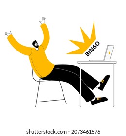 A man is happy about winning or success at the computer. Vector illustration in the style of outline on the topic of success and successful solutions.