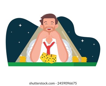 Man is happy because he won gambling at the casino with a lot of money. Character design. Vector flat illustration