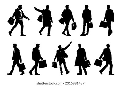 man happy carrying shopping bag silhouette set