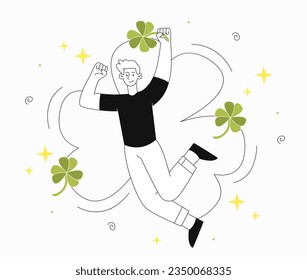 Man with happy clover line. Young guy with plant. Traditional Irish holiday. Good luck symbol. Shamrock and celtic holiday and festival. Culture and history. Linear flat vector illustration