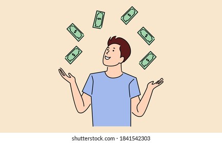 Man happy with a lot of dollar banknote flowing in the air