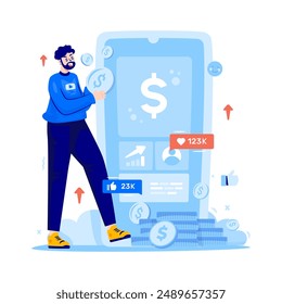 A man is happy to earn money, Social media monetize, Vector illustration