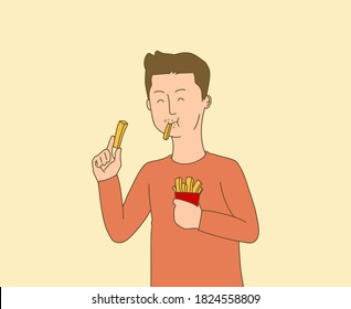 Man happy to eating French fries, Happy concept and Food  concept, Flat vector design