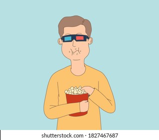 Man happy to eating popcorn, Happy concept and Food concept, Flat vector design