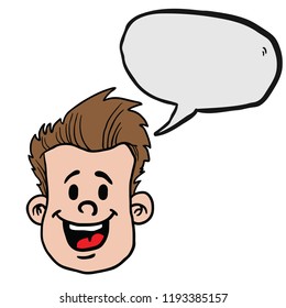 man with happy face and speech bubble cartoon illustration isolated on white