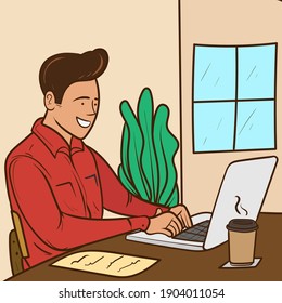 a man with a happy face who is working at home with a laptop on the table. work from home, vector illustration, Vector flat style illustration.