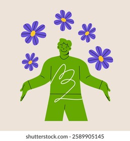 Man happy and feeling free. Freedom. Calm and peaceful concept. Colorful vector illustration