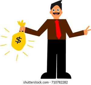 Man happy holding money in bag with peace hand sign