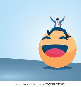 A man is happy on a smiling ball. Illustration to be optimistic, cheerful, positive and happy.