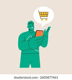 Man happy with online shoping. Shoping concept. Colorful vector illustration
