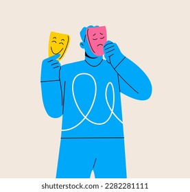 Man with happy and sad, different masks. Person with split dual personality, mood swings. Bipolar disorder and duality, psychology concept. Colorful vector illustration

