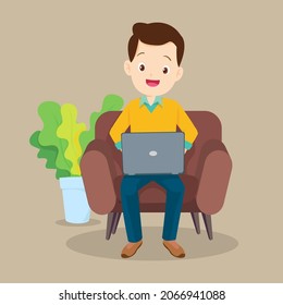 man happy smile using internet technology.man using laptop for Online work at home for quarantine from corona virus.