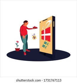 man is happy when his got a shoe gift with big phone beside him, vector illustration people with big phone