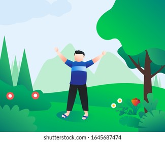 A Man happy when spring is coming. boy or man character cartoon illustration in flat design and gradient. 
spring landscape background