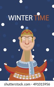 Man Happy's winter time on snow background.