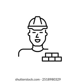 Man in hard hat and bricks. Safety in construction work. Manual labor. Pixel perfect, editable stroke icon