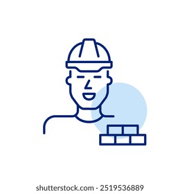 Man in hard hat and bricks. Safety in construction work. Manual labor. Pixel perfect vector icon