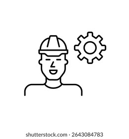 Man in hard hat and cogwheel. Technical operations, system supervision, safety configuration, engineering control, maintenance management. Pixel perfect, editable stroke vector icon