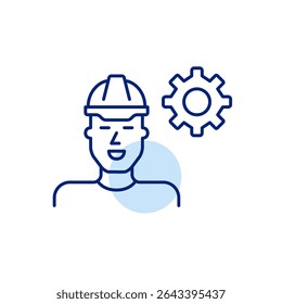 Man in hard hat and cogwheel. Technical operations, system supervision, safety configuration, engineering control, maintenance management. Pixel perfect, editable stroke vector icon