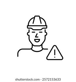 Man in hard hat and exclamation mark in triangle. Safety compliance reminder, construction workplace protection and security hazards. Pixel perfect, editable stroke icon