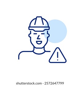 Man in hard hat and exclamation mark in triangle. Safety compliance reminder, construction workplace protection and security hazards. Pixel perfect vector icon