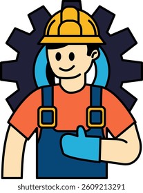 A man in a hard hat is giving a thumbs up. The image is of a man in a blue jumpsuit with a yellow helmet