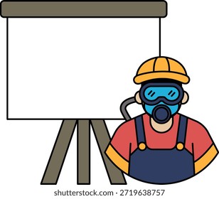 Ein Mann mit hartem Hut und Brille steht vor einem weißen Brett. Die Tafel ist leer, aber es ist klar, dass der Mann da ist, um eine Präsentation oder Vorlesung zu halten
