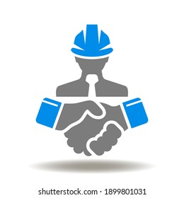 Man In Hard Hat With Handshake Vector Icon. Mediator Mediate Deal Conflict Symbol. Mediation Business Industry Construction Illustration.