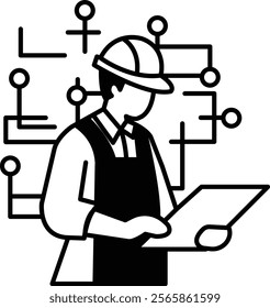 A man in a hard hat is looking at a piece of paper. He is wearing a vest and a hard hat