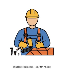 Man Hard Hat Overalls Holding Hammer Builder Worker Construction Site Ready