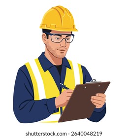 Man Hard Hat Safety Vest Writing Clipboard Site Inspection Documentation Professional