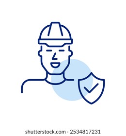 Man in hard hat and shield with checkmark. Insured workplace safety. Health insurance coverage for employees. Pixel perfect vector icon
